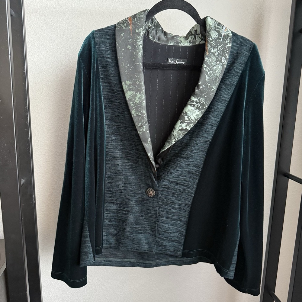 Artsy Professional Women's Blazer Teal/Green Velvet Panels, Button Closure,‎ XL